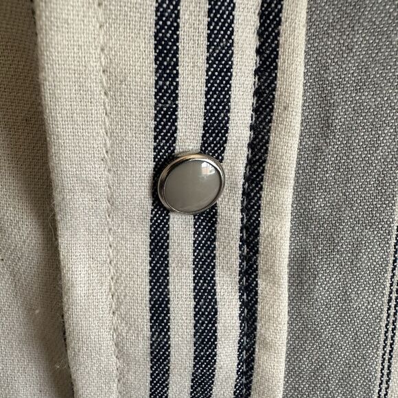 Vtg Wrangler Brushpopper Mens Shirt Western Striped Pearl Snap 17.5-35 Long Tail - Picture 4 of 7